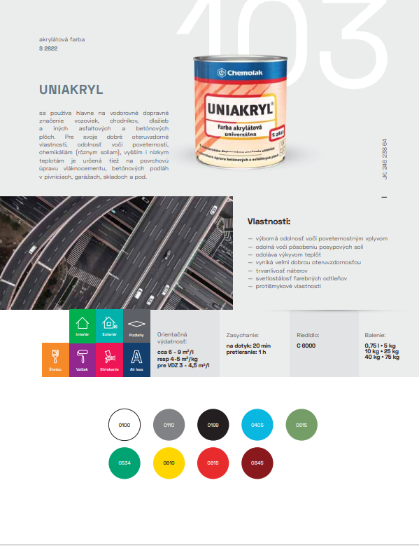 S 2822 Uniakryl - farba na značenie ciest a na asfalt a betón