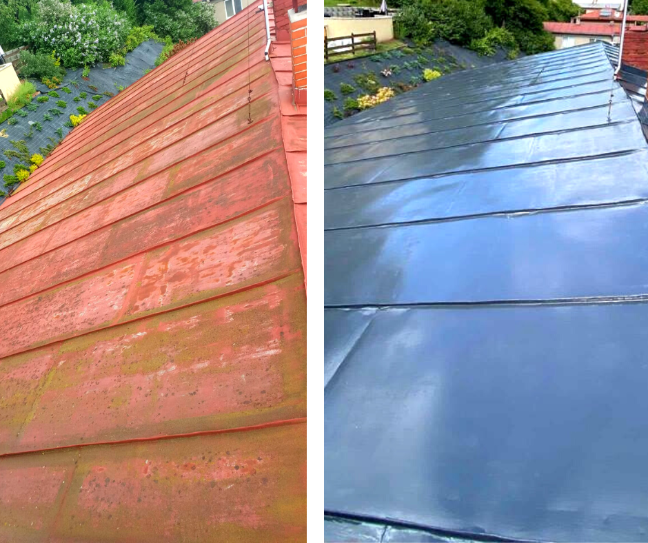 Strecha domu pred a po nátere farbou Superkov satin