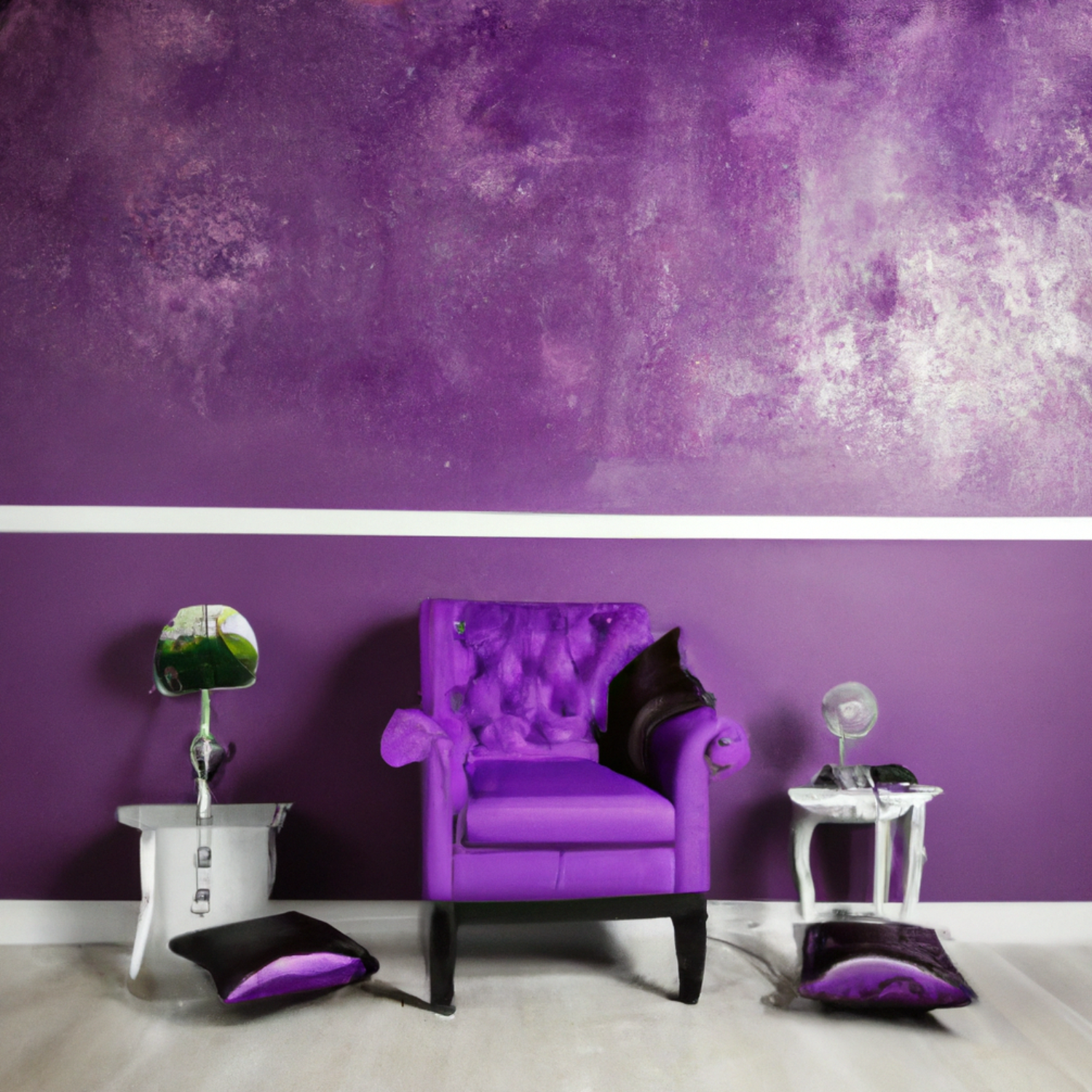 Umelecká fialová stena v interiéri s fialovým kreslom