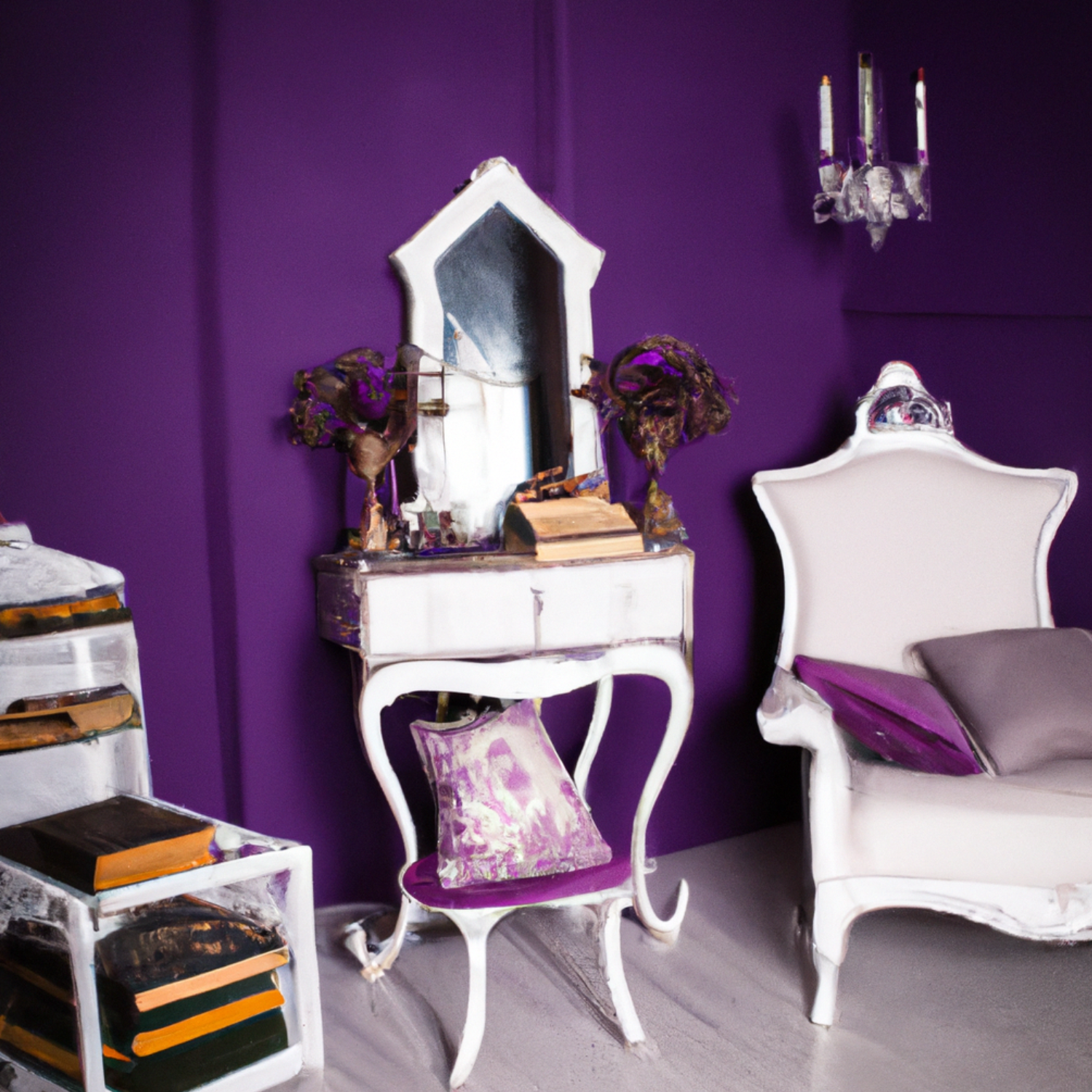 Extravagantný interiér s tmavo fialovou stenou a bielym nábytkom