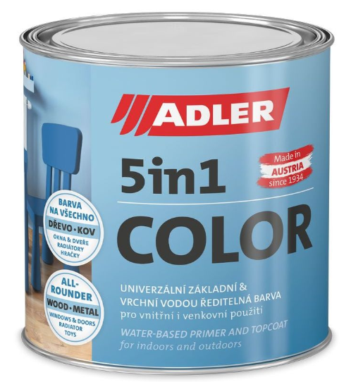 E-shop ADLER 5in1-COLOR - Univerzálna vodou riediteľná farba na rôzne povrchy RAL 3000 - ohnivá červená 2,5 L
