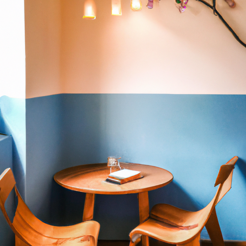 Stena natretá na bielo-modro a drevený stolík so stoličkami
