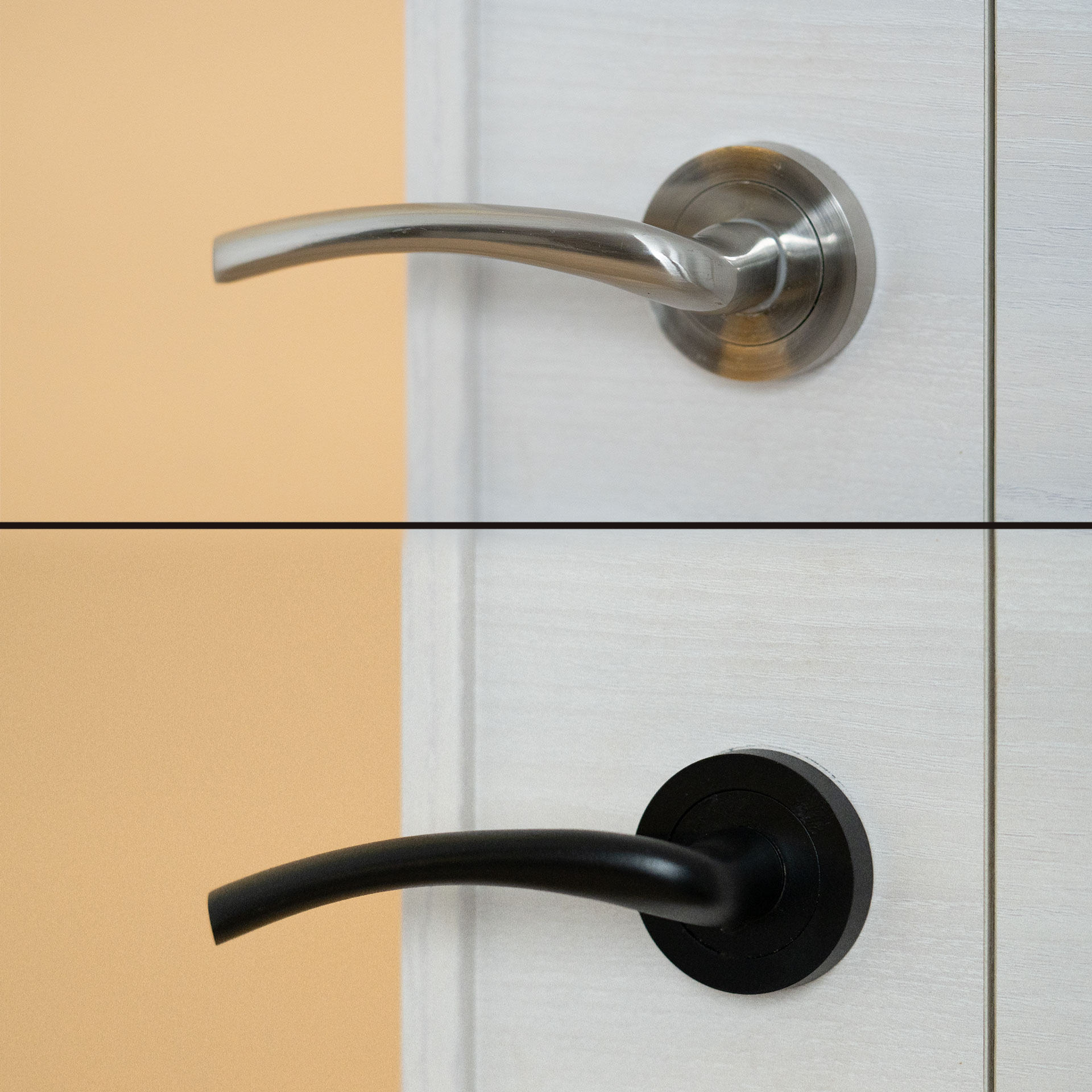 Kovová kľučka dverí pred a po aplikácii čiernej farby v spreji